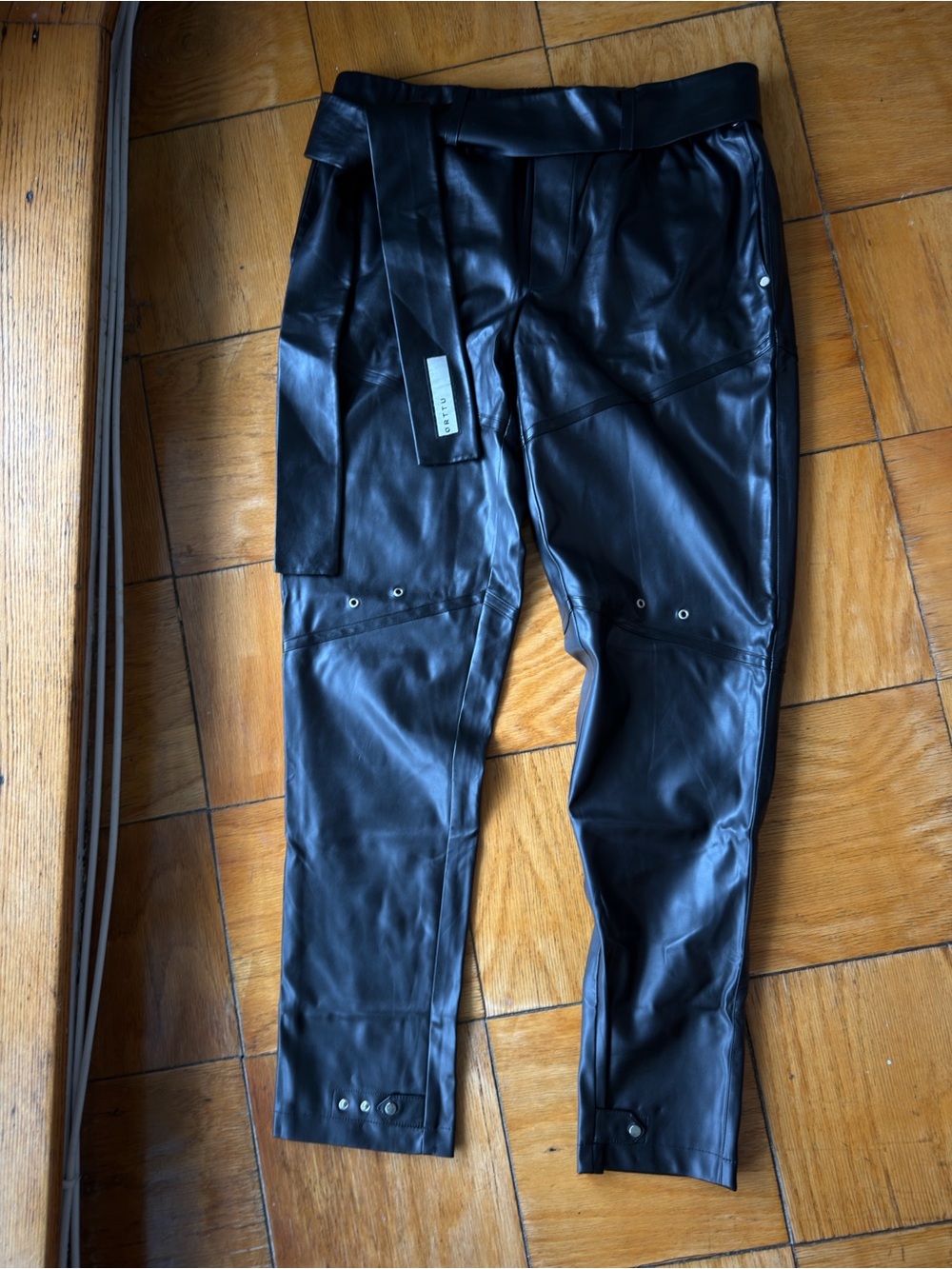 ORTTU Black Faux Leather Cargo Pants with Belt Detail